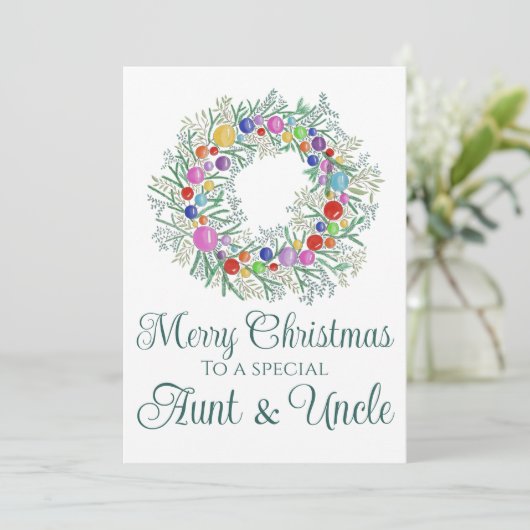 叔母と叔父のカラフルクリスマスリース シーズンカード (スタンド正面)