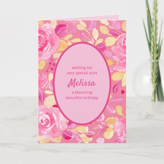 叔母ピンクイエローパーソナライズされたフローラ誕生日 カード (正面)