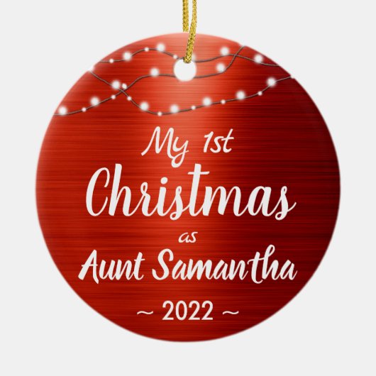 叔母初めてのクリスマスストリングライト名写真 セラミックオーナメント (正面)