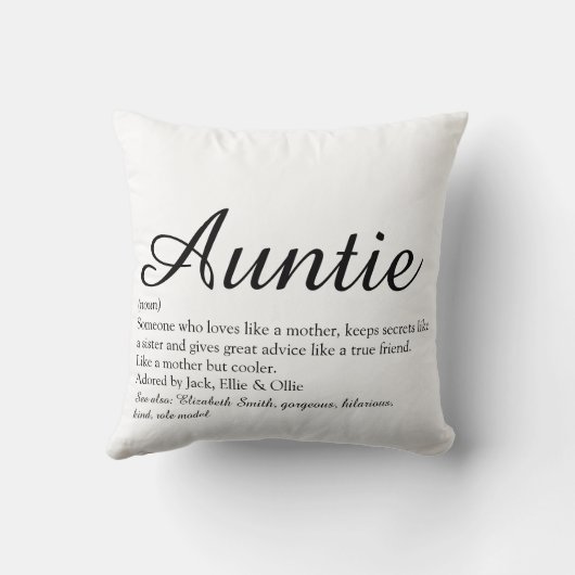 叔母叔母の定義ブラックとホワイトのシックなスクリプト クッション (裏面)