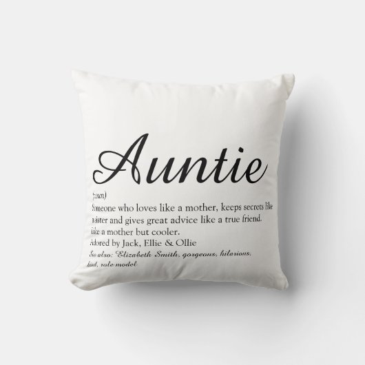 叔母叔母の定義ブラックとホワイトのシックなスクリプト クッション (正面)