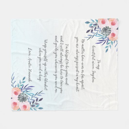 叔母姪カスタム引用文ブルーフローラ フリースブランケット (正面(横))