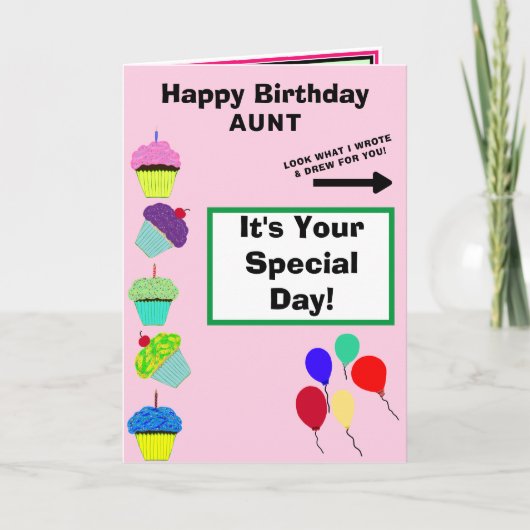 叔母誕生日ピンクカップケーキタワー名 カード (正面)