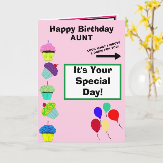 叔母誕生日ピンクカップケーキタワー名 カード (黄色い花)