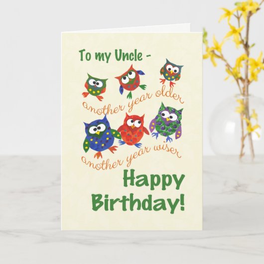 叔父さんのためのかわいいフクロウのバースデー・カード カード (黄色い花)