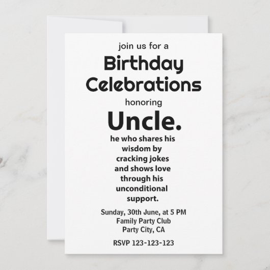叔父感動的引用文おもしろい誕生日叔父 招待状 (正面)