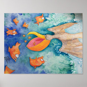 "取って下さい突進を!" ペリカン及び魚の芸術 ポスター
