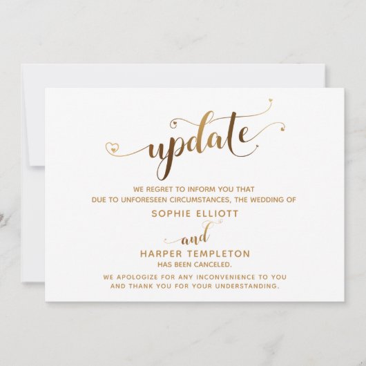 取り消された金ゴールドの結婚ハートスクリプトカードの更新 招待状 (正面)