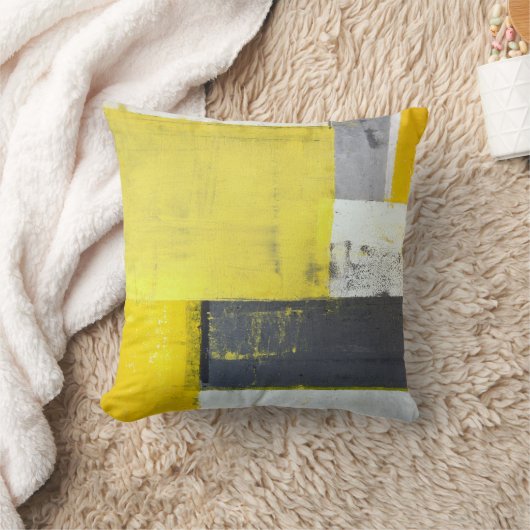 「取付けられた」灰色および黄色の抽象美術 クッション (ブランケット)