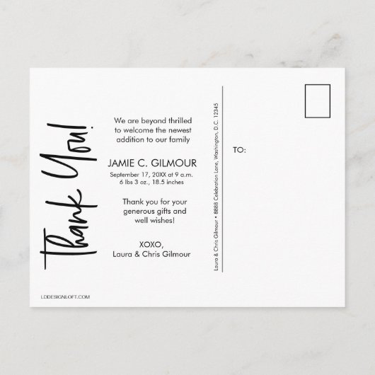 受け入モダンれ：エレガントベビー写真誕生発表 案内ポストカード (裏面)