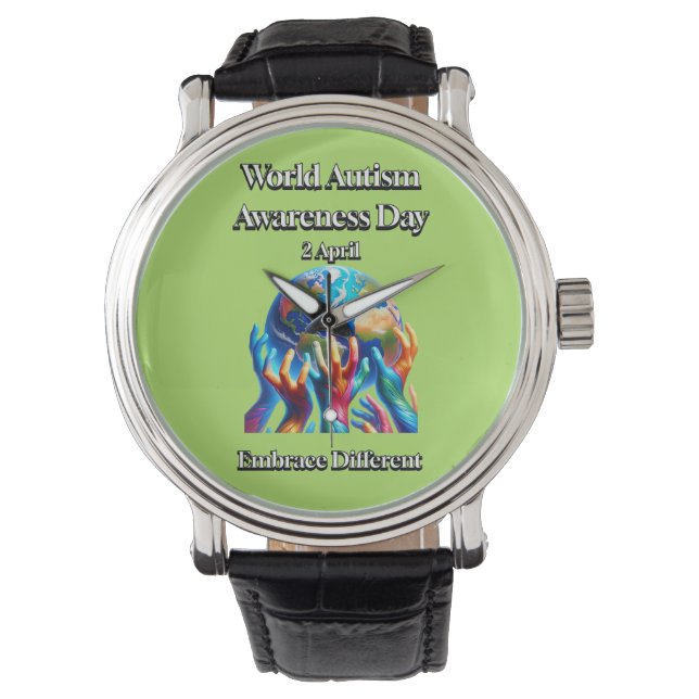 受け違う入れ。世界自閉症啓発デー。 腕時計 (正面)