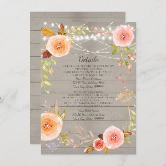 受付の詳細 ラスティック ツインクル ライト フローラル ウッド 招待状 (正面/裏面)