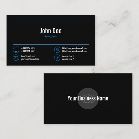 受付エレガント係ロゴ青線アイコン黒 名刺 (正面/裏面)