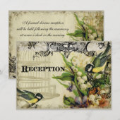 受付招待状、黄色い歌の鳥かごの花飾り エンクロージャーカード (正面/裏面)