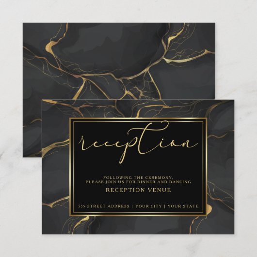 受付 | エレガントなブラックとゴールドの大理石 招待状 (正面/裏面)