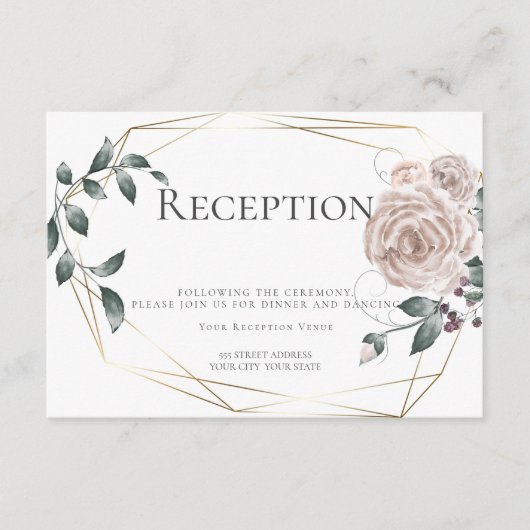 受付 | 水彩 ダスティ ローズ フラワーズ ゴールド エンクロージャーカード (正面)