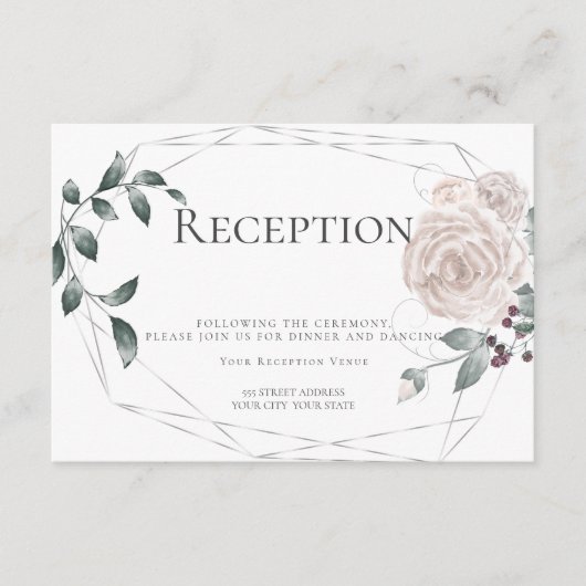 受付 | 水彩 ダスティ ローズ 花 銀 エンクロージャーカード (正面)