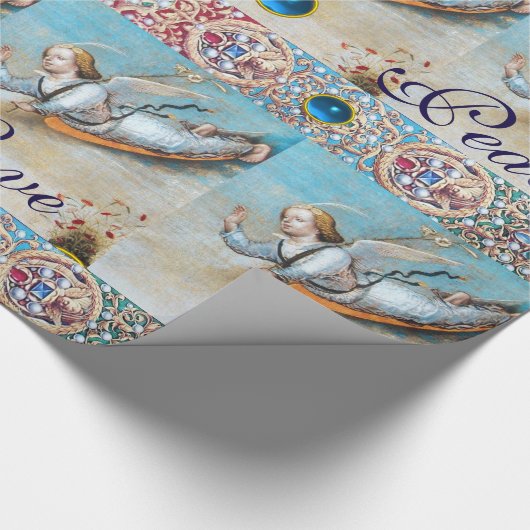 受胎告知飛んでいるエンジェルレッドブルージェムストーンクリスマス ラッピングペーパー (角)