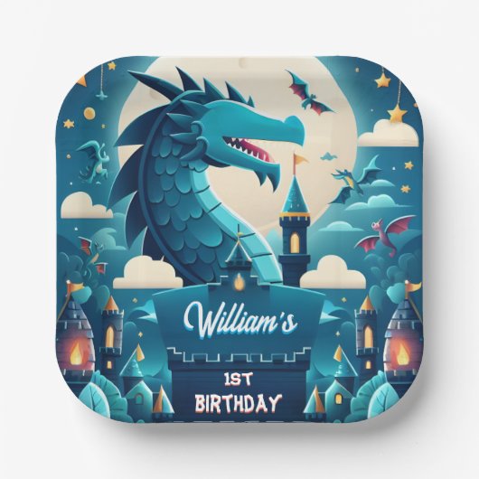 叙事詩かわいいキッズヒーローボーイズ女の子ドラゴン1st誕生日 ペーパープレート (正面)