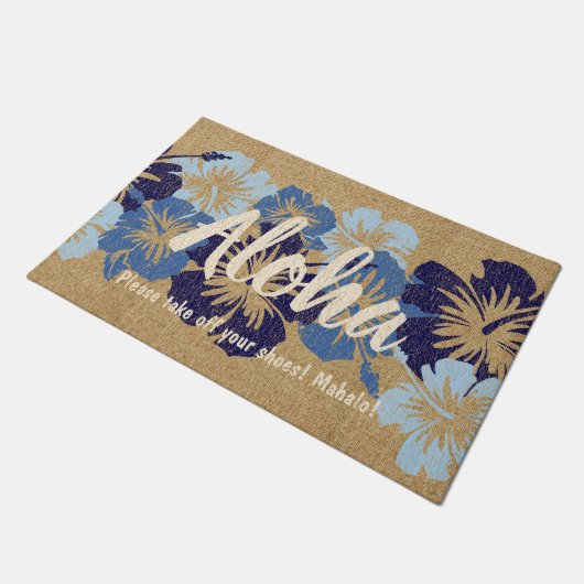 叙事詩のハイビスカスのハワイの花柄のアロハ青 ドアマット (アングル)