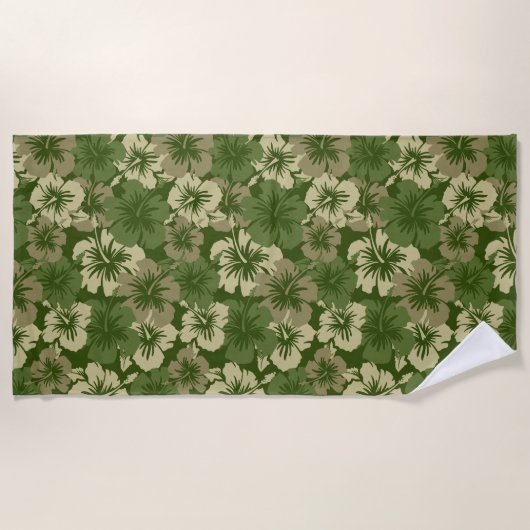 叙事詩のハイビスカスのハワイの花柄のアロハ-オリーブ色 ビーチタオル (正面)