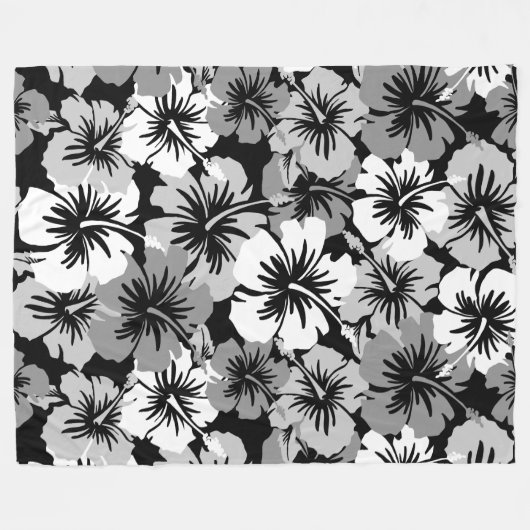 叙事詩のハイビスカスのハワイの花柄のアロハ-黒 フリースブランケット (正面(横))