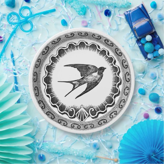 叙事詩のヴィンテージの白黒鳥のデザイン ペーパープレート (パーティー)