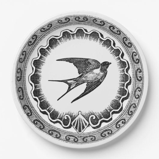 叙事詩のヴィンテージの白黒鳥のデザイン ペーパープレート (正面)