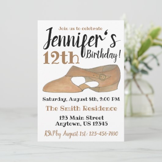 叙情的なモダンダンスシューズ誕生日パーティーのリサイタル 招待状 (スタンド正面)