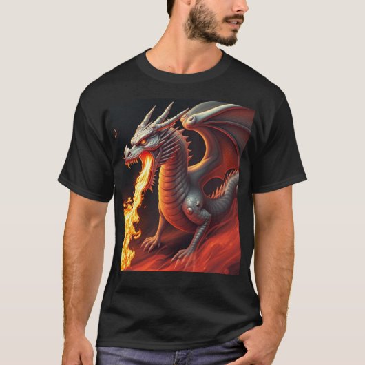 口から火を放つドラゴン Tシャツ (正面)