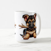 口にステッキを持つドイツの羊飼い犬 コーヒーマグカップ (正面右)