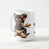 口にステッキを持つドイツの羊飼い犬 コーヒーマグカップ (正面左)