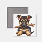 口にステッキを持つドイツの羊飼い犬 マグネット (正面/裏面)