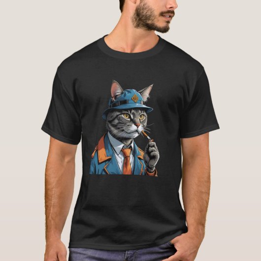 口にタバコをくわえたエンジニア猫 面白い子猫 Tシャツ (正面)
