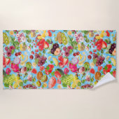 口に水を入れる熱帯果実 ビーチタオル (正面)