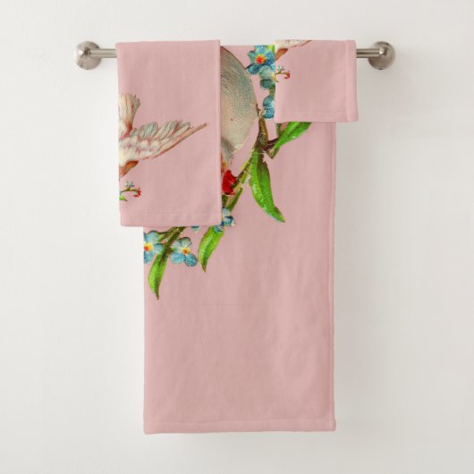 口に花束をくわえた美しい白い鳩 バスタオルセット (インサイチュ)