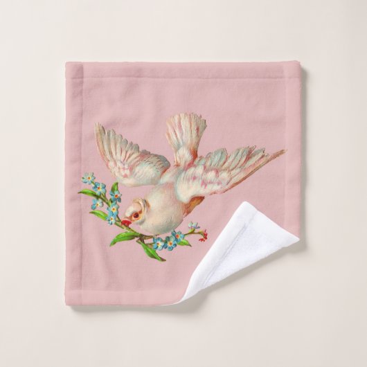 口に花束をくわえた美しい白い鳩 バスタオルセット (ウォッシュタオル)