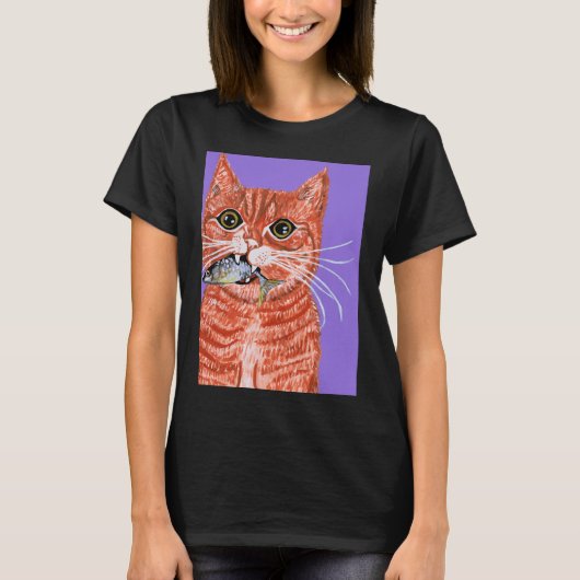 口に魚をくわえたオレンジ色の猫 Tシャツ (正面)