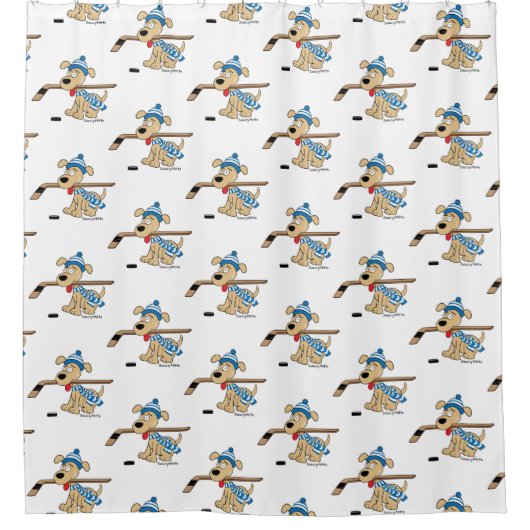 口のBathのアイスホッケー用スティックを持つかわいいホッケー犬 シャワーカーテン (正面)