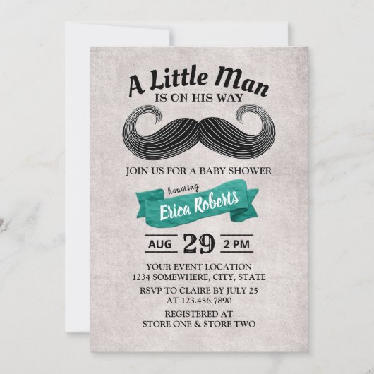 口ひげおもしろいかわいい小さな男のティール(緑がかった色)赤ちゃんシャワー 招待状 (正面)