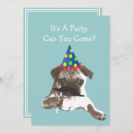 口ひげおもしろいパグ誕生日パーティーの招待 招待状 (正面/裏面)