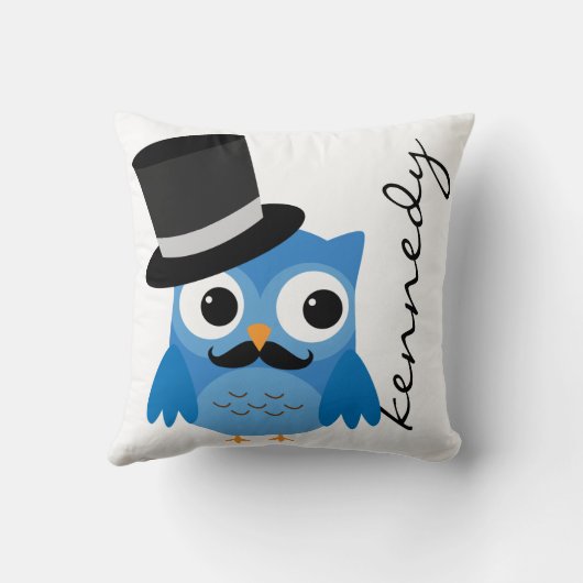 口ひげとトップハット枕を持つブルーフクロウ クッション (裏面)