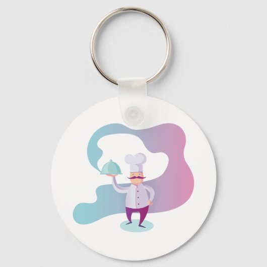 口ひげとトレイで笑顔のシェフ キーホルダー (正面)
