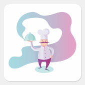 口ひげとトレイで笑顔のシェフ スクエアシール (正面)