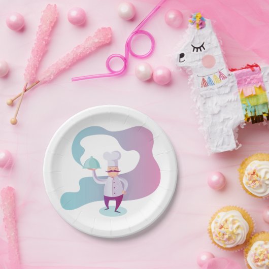口ひげとトレイで笑顔のシェフ ペーパープレート (パーティー)