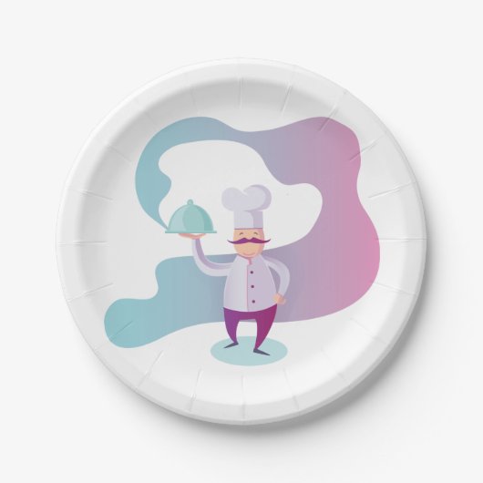 口ひげとトレイで笑顔のシェフ ペーパープレート (正面)