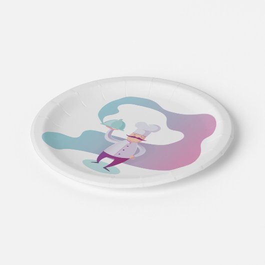 口ひげとトレイで笑顔のシェフ ペーパープレート (アングル)