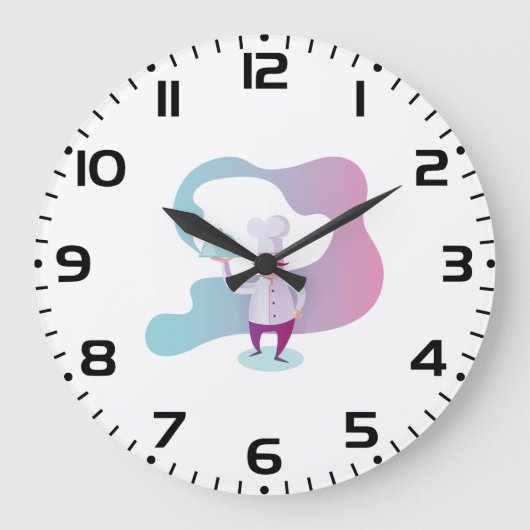 口ひげとトレイで笑顔のシェフ ラージ壁時計 (正面)