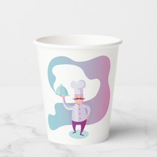 口ひげとトレイで笑顔のシェフ 紙コップ (正面)