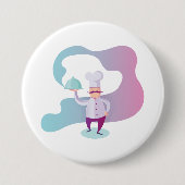 口ひげとトレイで笑顔のシェフ 缶バッジ (正面)